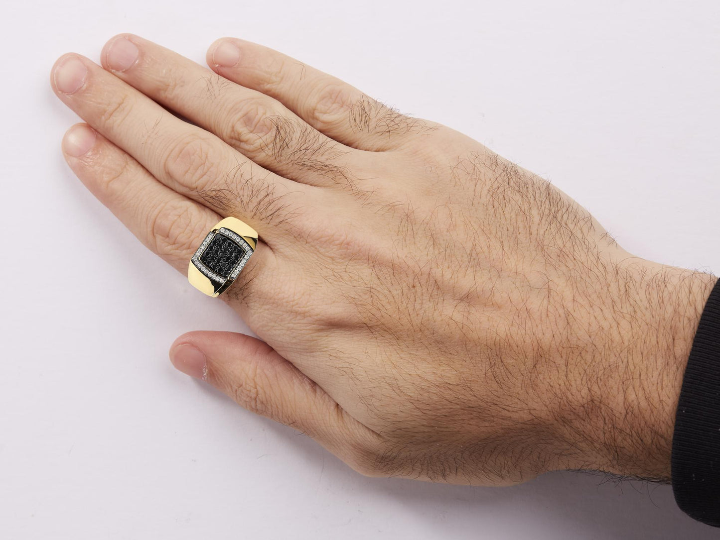 Men's 10K Yellow Gold 1.00 Cttw Cushion Cluster Black and White Diamond Statement Ring (I-J Color, I2-I3 Clarity)