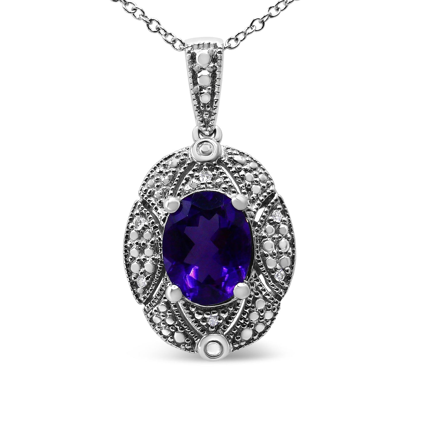 .925 Sterling Silver Diamond Accent and 9x7mm Purple Oval Amethyst Gemstone Pendant 18" Necklace (I-J Color, I1-I2 Clarity)-0