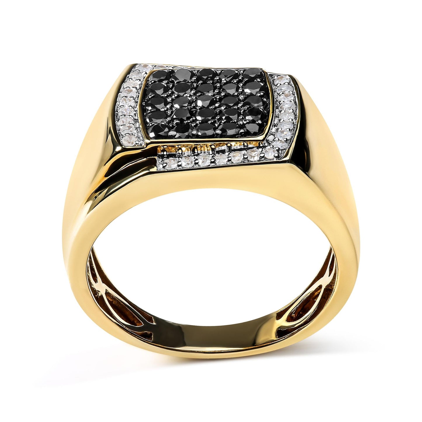 Men's 10K Yellow Gold 1.00 Cttw Cushion Cluster Black and White Diamond Statement Ring (I-J Color, I2-I3 Clarity)