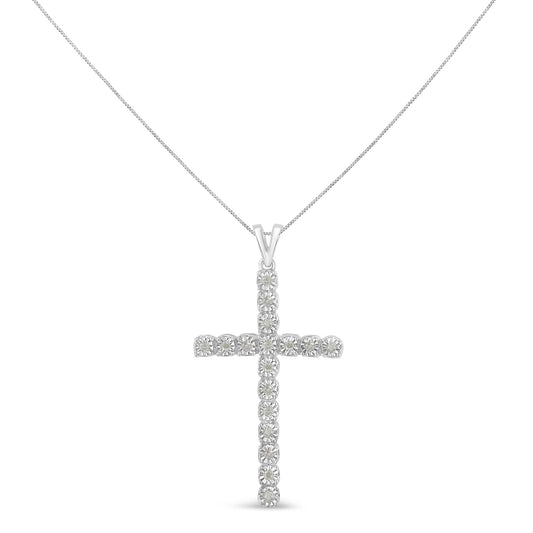 .925 Sterling Silver 1/4 Cttw Diamond Miracle Set Cross Unisex Pendant Necklace 18" (I-J Color, I3 Clarity)
