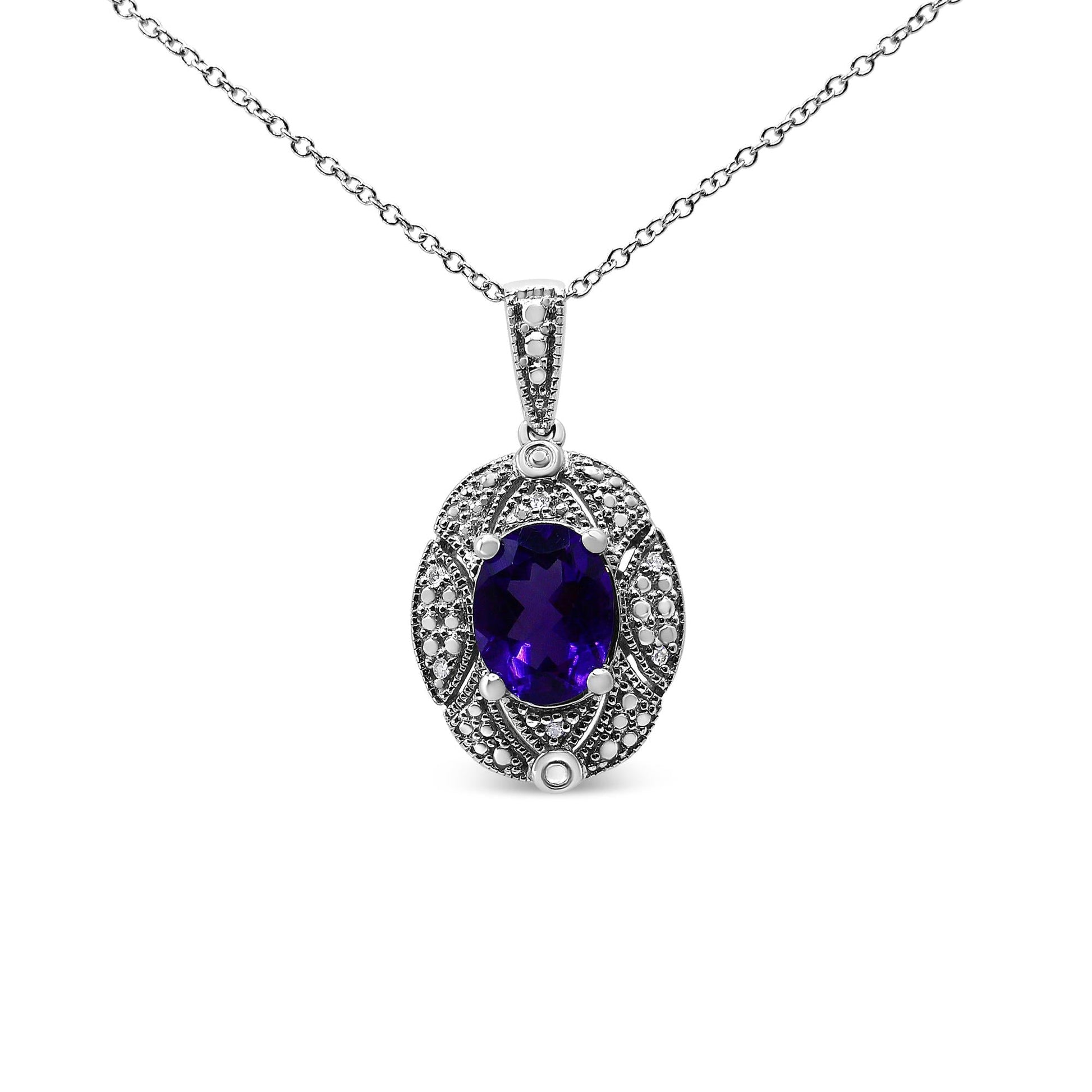 .925 Sterling Silver Diamond Accent and 9x7mm Purple Oval Amethyst Gemstone Pendant 18" Necklace (I-J Color, I1-I2 Clarity)-2