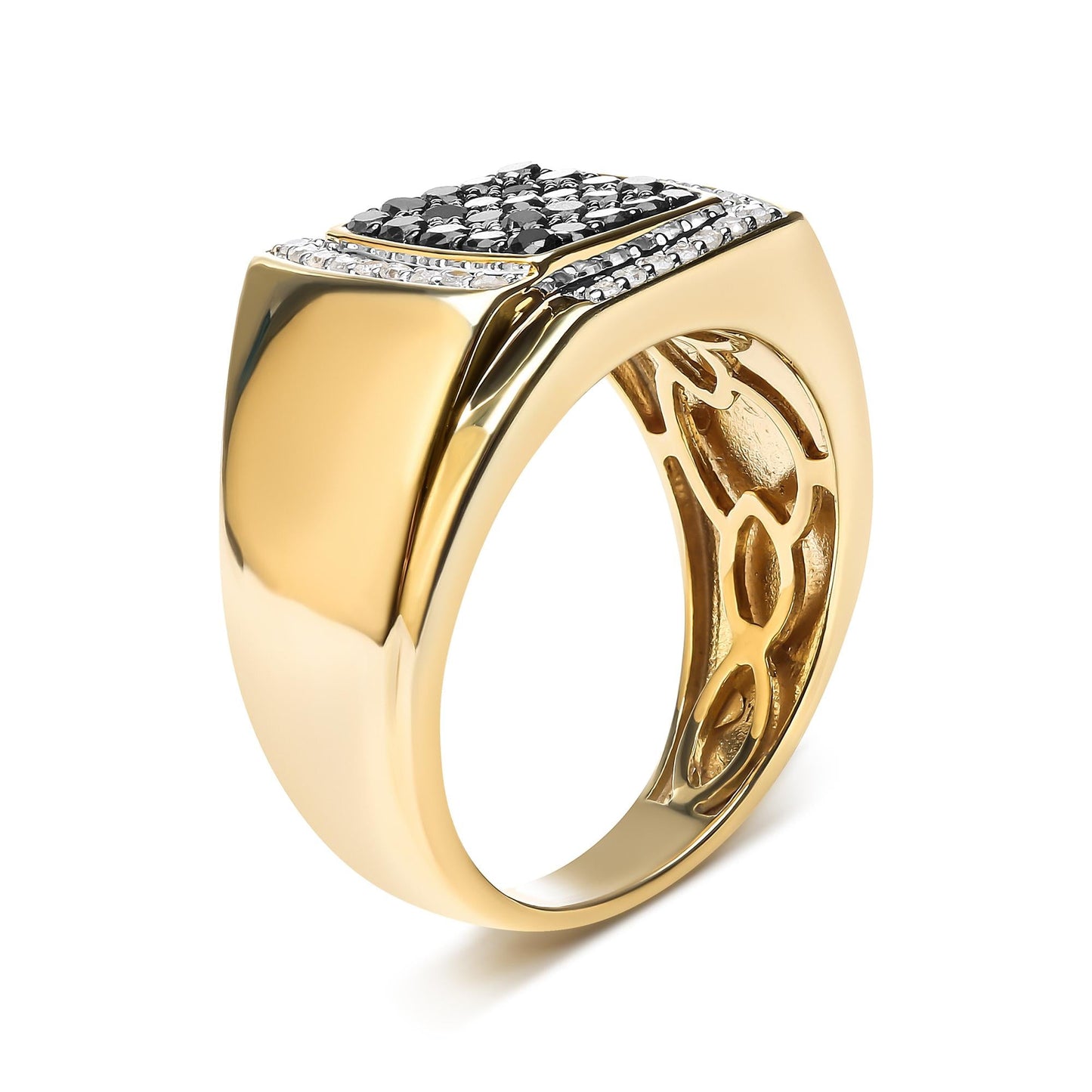 Men's 10K Yellow Gold 1.00 Cttw Cushion Cluster Black and White Diamond Statement Ring (I-J Color, I2-I3 Clarity)