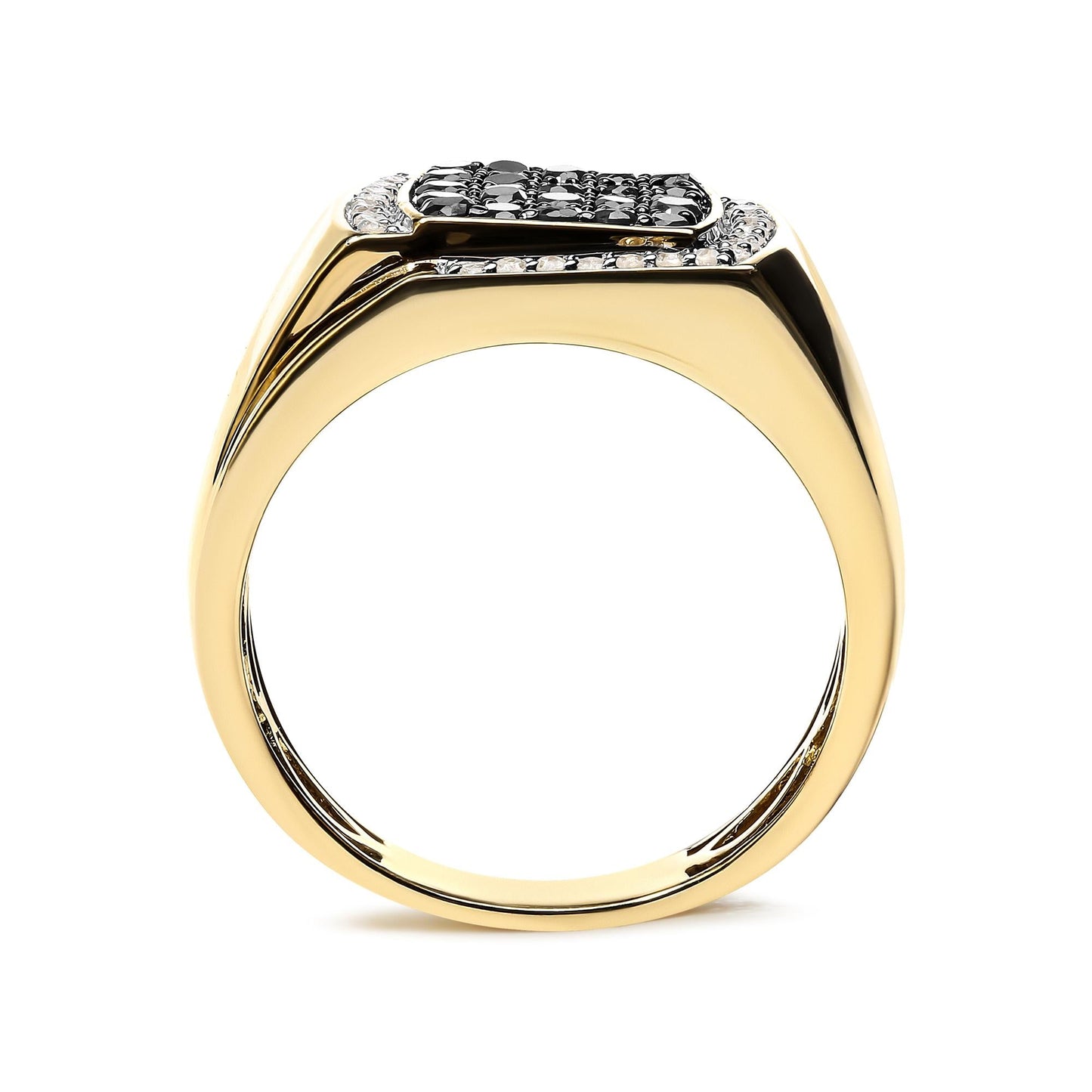 Men's 10K Yellow Gold 1.00 Cttw Cushion Cluster Black and White Diamond Statement Ring (I-J Color, I2-I3 Clarity)